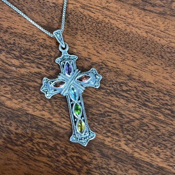 Sterling Silver .925 multi gemstone cross pendant necklace - Picture 9 of 11